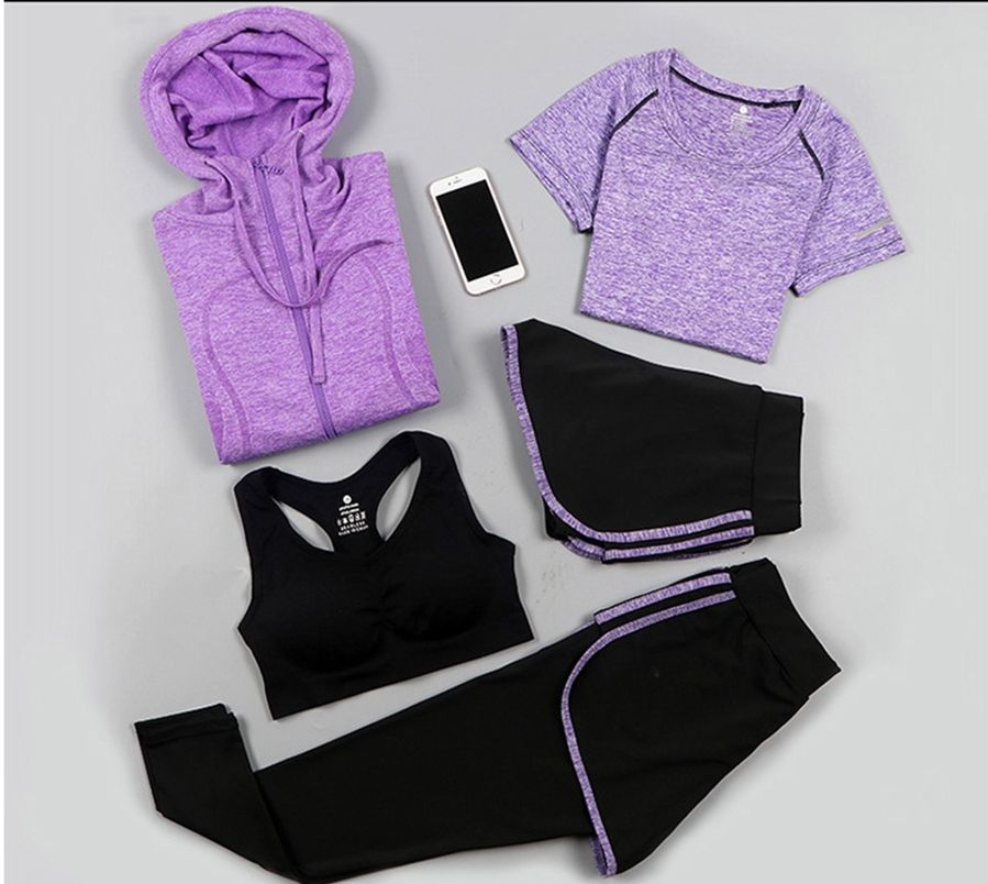 Women's 5pcs Sport workout Suits Fitness Yoga Running Athletic Yoga Tracksuit