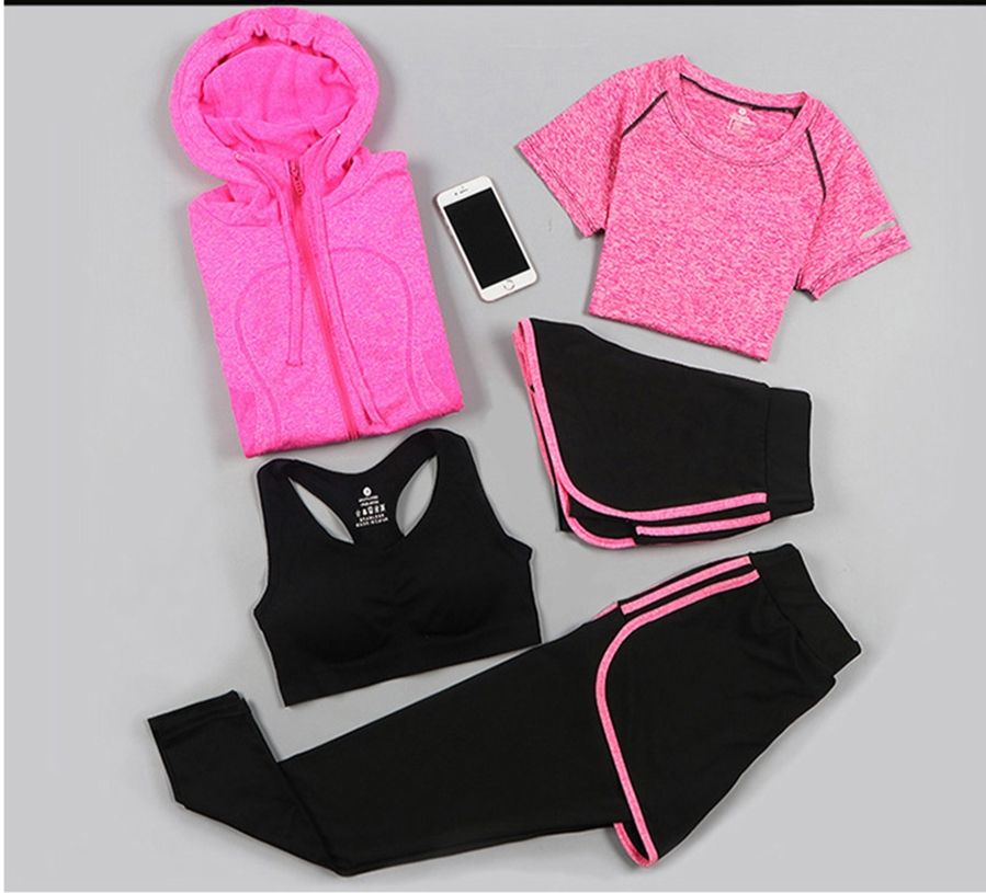 Women's 5pcs Sport workout Suits Fitness Yoga Running Athletic Yoga Tracksuit