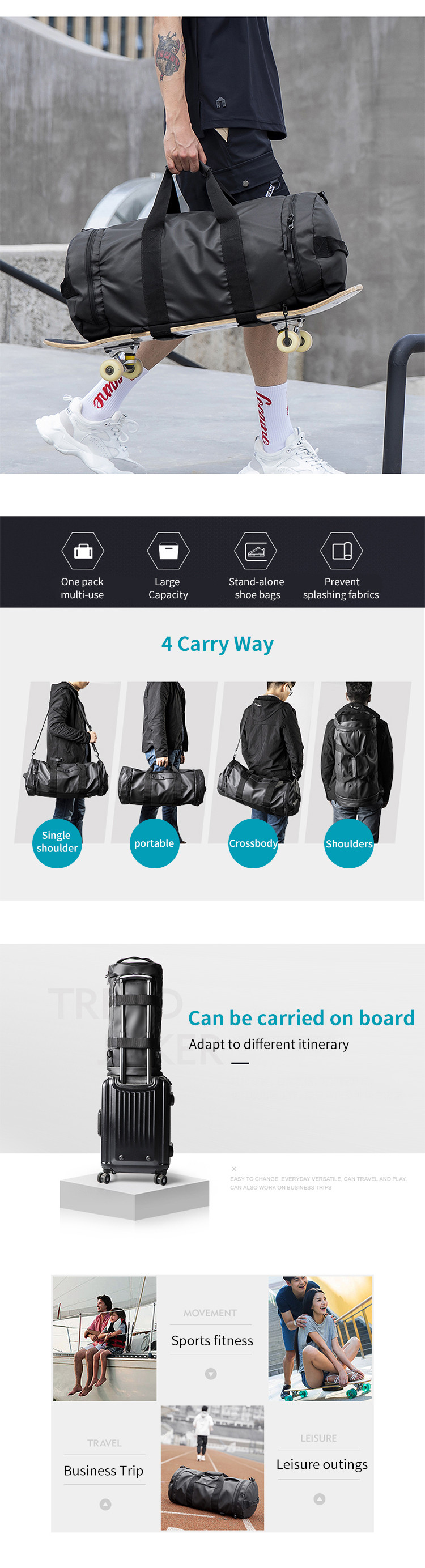  Gym Duffle Bag Backpack 4-Way Waterproof with Shoes